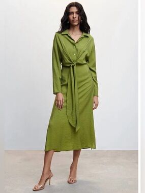 Mango Women’s Green Pearl Button Till-A Knot Detail Midi Shirt Dress